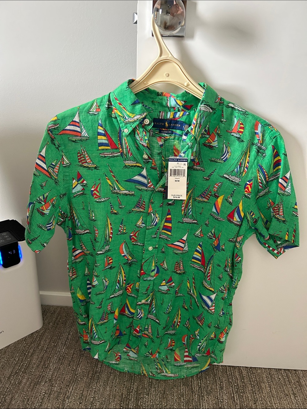 Ralph Lauren Green Short-Sleeve Sailboat Print Button-Down Shirt